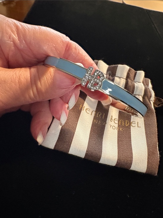 henri bendel Jewelry - Henri Bendel beautiful Blue Enamel Hinged Bangle with Crystal pave HB accent.